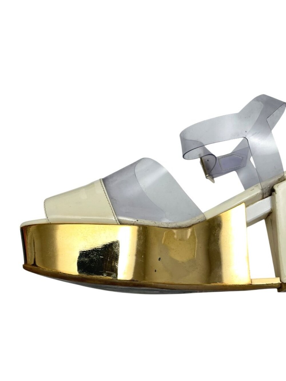 CHANEL Vintage Gold Wedge Platforms With PVC Straps sz 9.5 - Picture 14 of 16